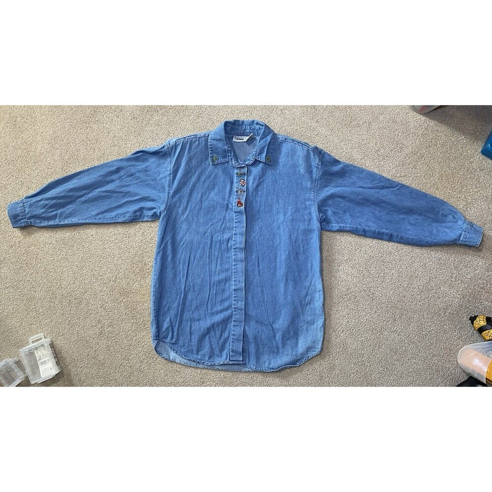 Vintage Capacity Embroidered Christmas Denim Shirt Medium Blue 90s Cotton